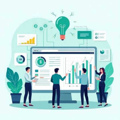 Business professionals using artificial intelligence tools for data analysis and AI implementation to drive strategic innovation.
