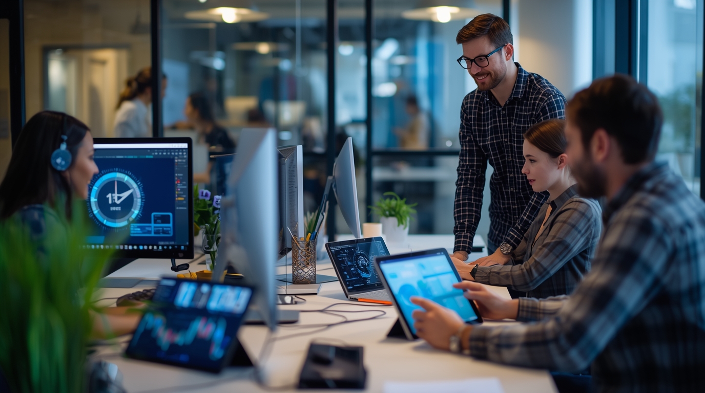Small business using artificial intelligence tools to enhance productivity and scalability, implementing AI solutions for better decision-making, strategy development, and optimizing operations, marketing, and customer service.