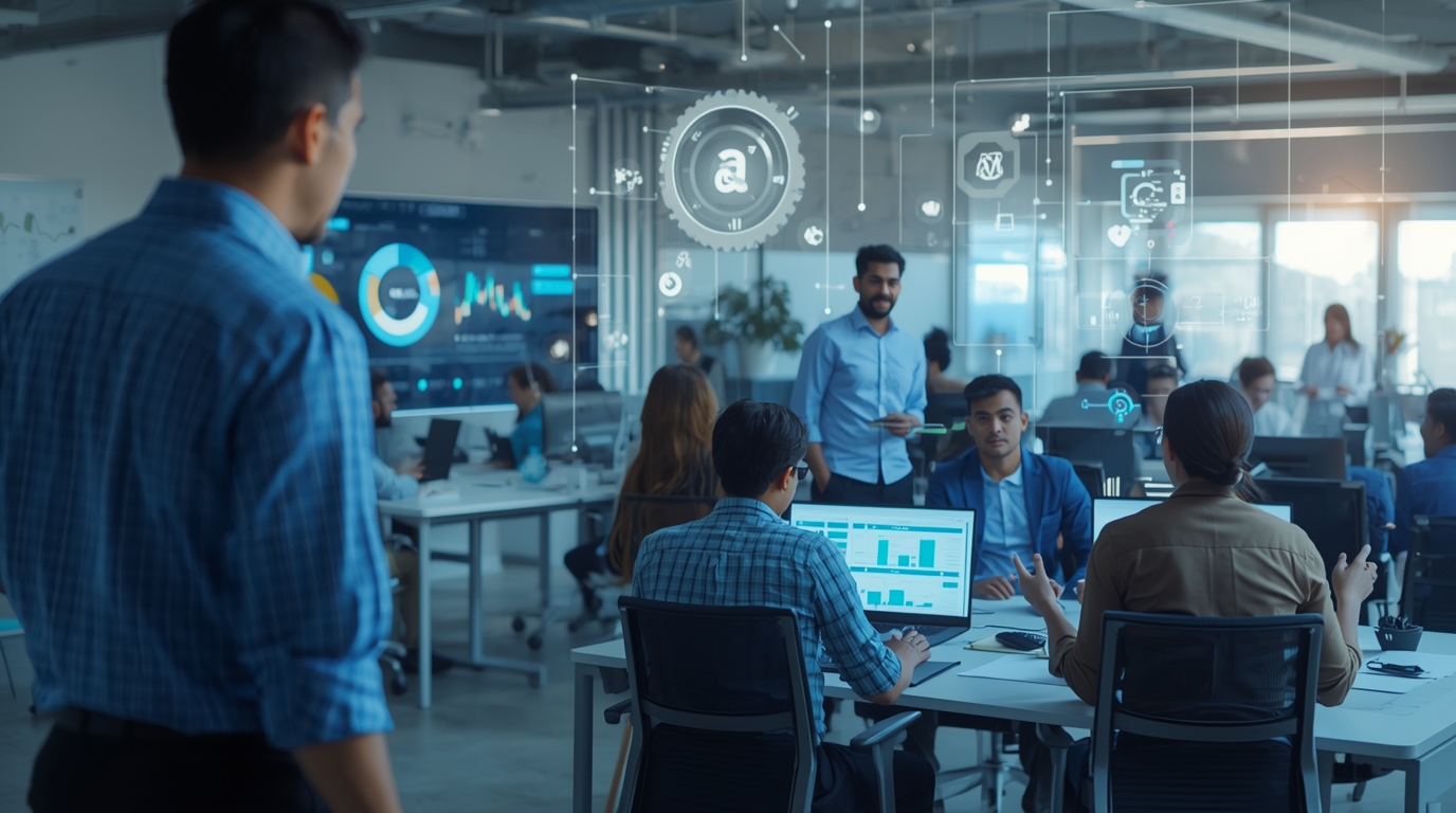 AI for small business driving innovation and growth, showcasing automation tools, efficiency, and digital transformation for small businesses to optimize operations, marketing strategies, and customer service with data-driven insights and analytics.